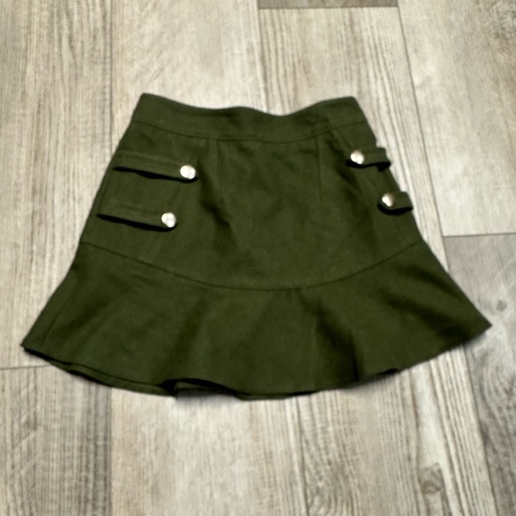 Five Plus Olive lined mini skirt pleated military style tick wool like strappy S - Picture 2 of 7